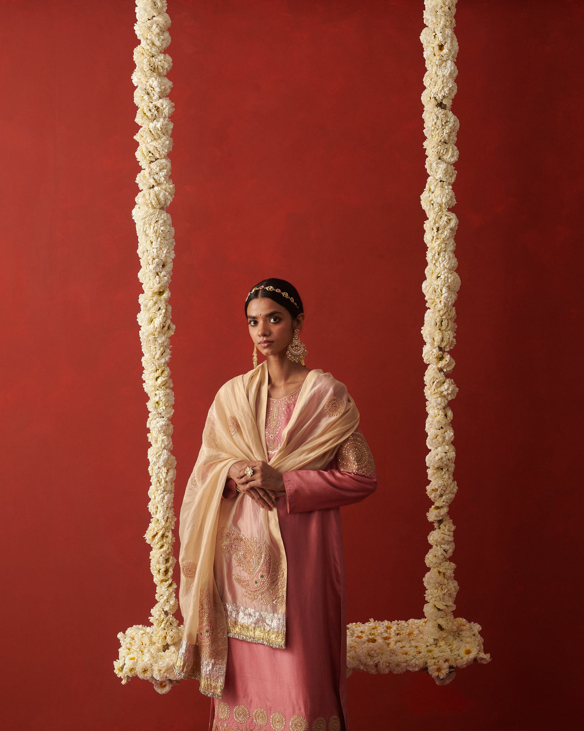 AAFIRA gold tissue dupatta with paisley motifs by Rashika Mittal - front view