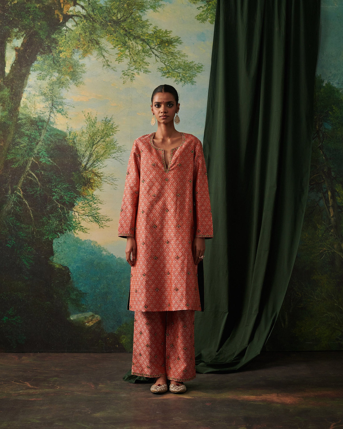 ALFIA & RUHAB gold banarasi kurta set with floral motifs by Rashika Mittal - front view