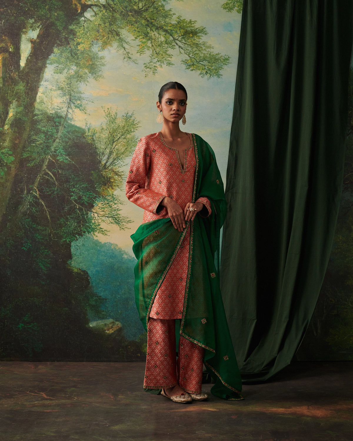 FALAK green organza kurta set with floral motifs by Rashika Mittal - front view