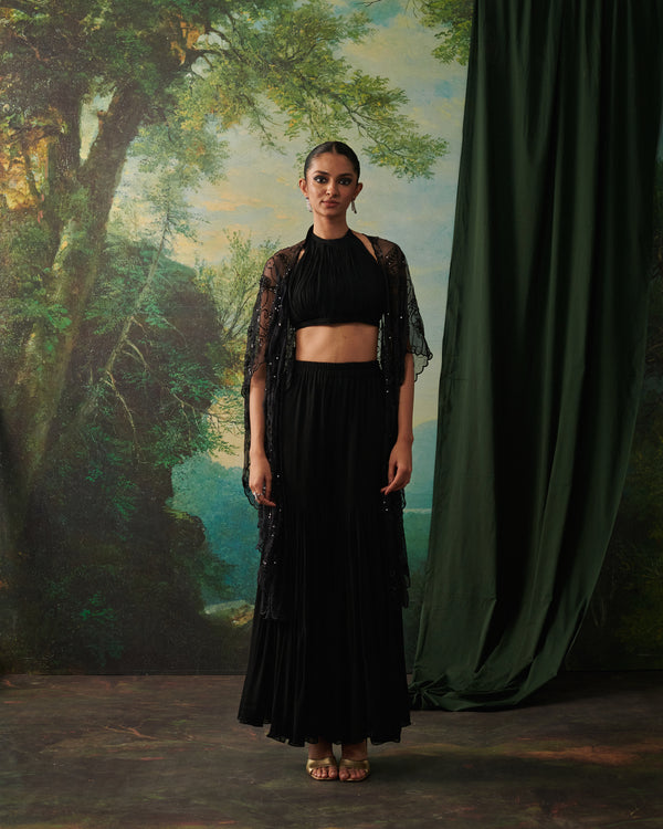 SAADGI, ARZOO & NAAZ black organza sharara set with nature motifs by Rashika Mittal - front view