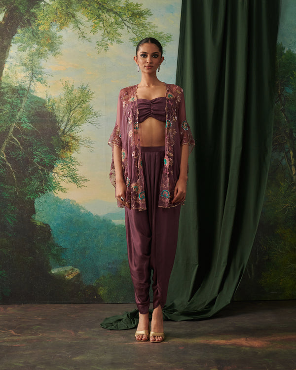 MADHUBALA, IZHAAR & AINA plum organza blouse with floral motifs by Rashika Mittal - front view