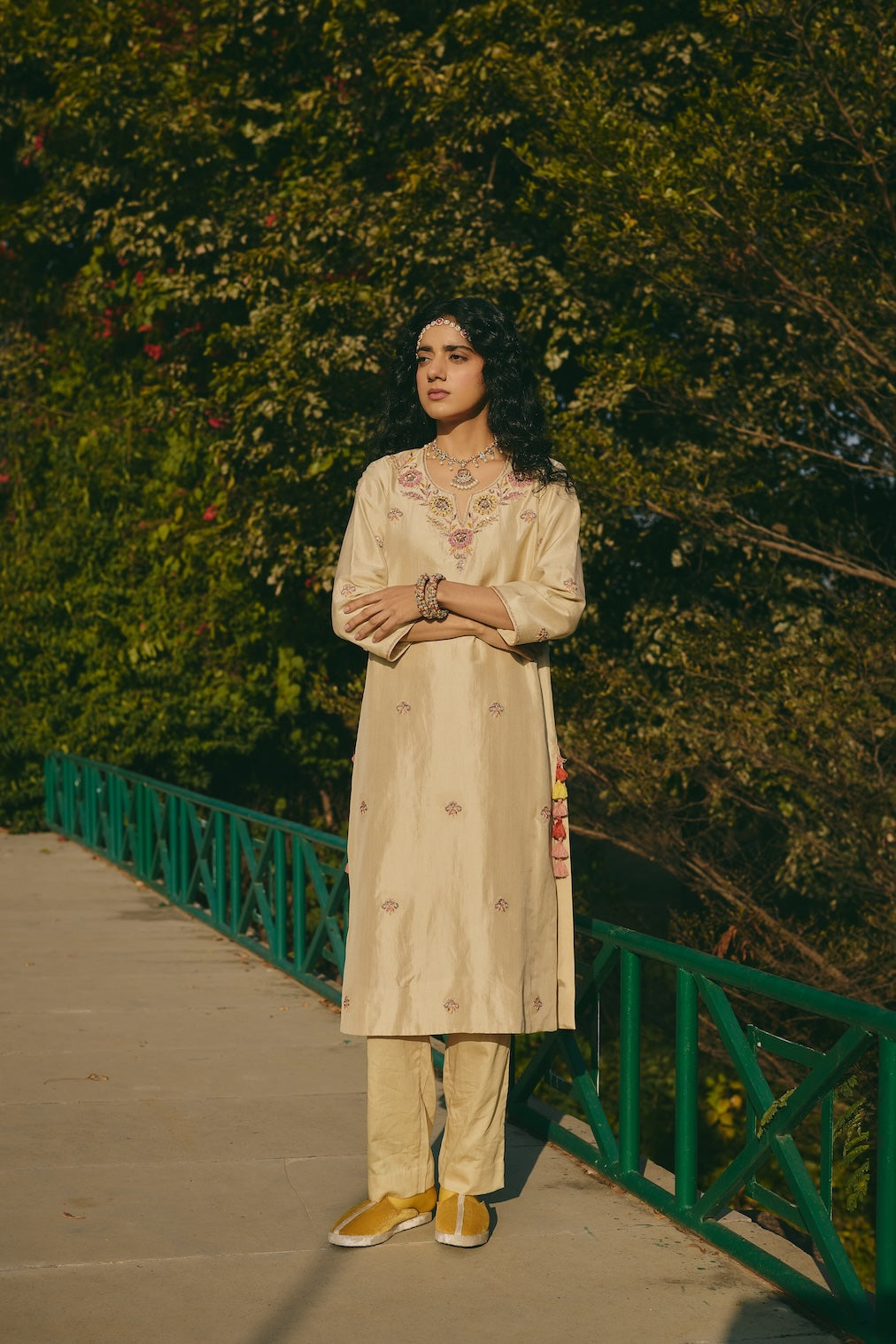 VANYA & BANI beige silk kurta set with floral motifs by Rashika Mittal - front view