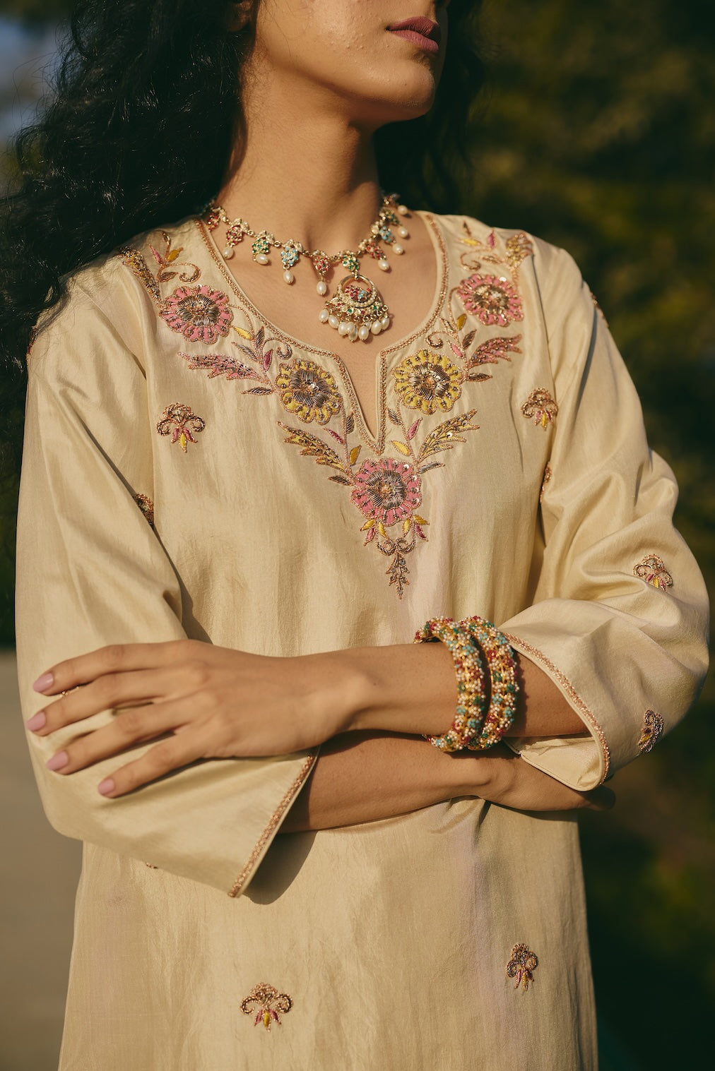 VANYA & BANI beige silk kurta set with floral motifs by Rashika Mittal - back view