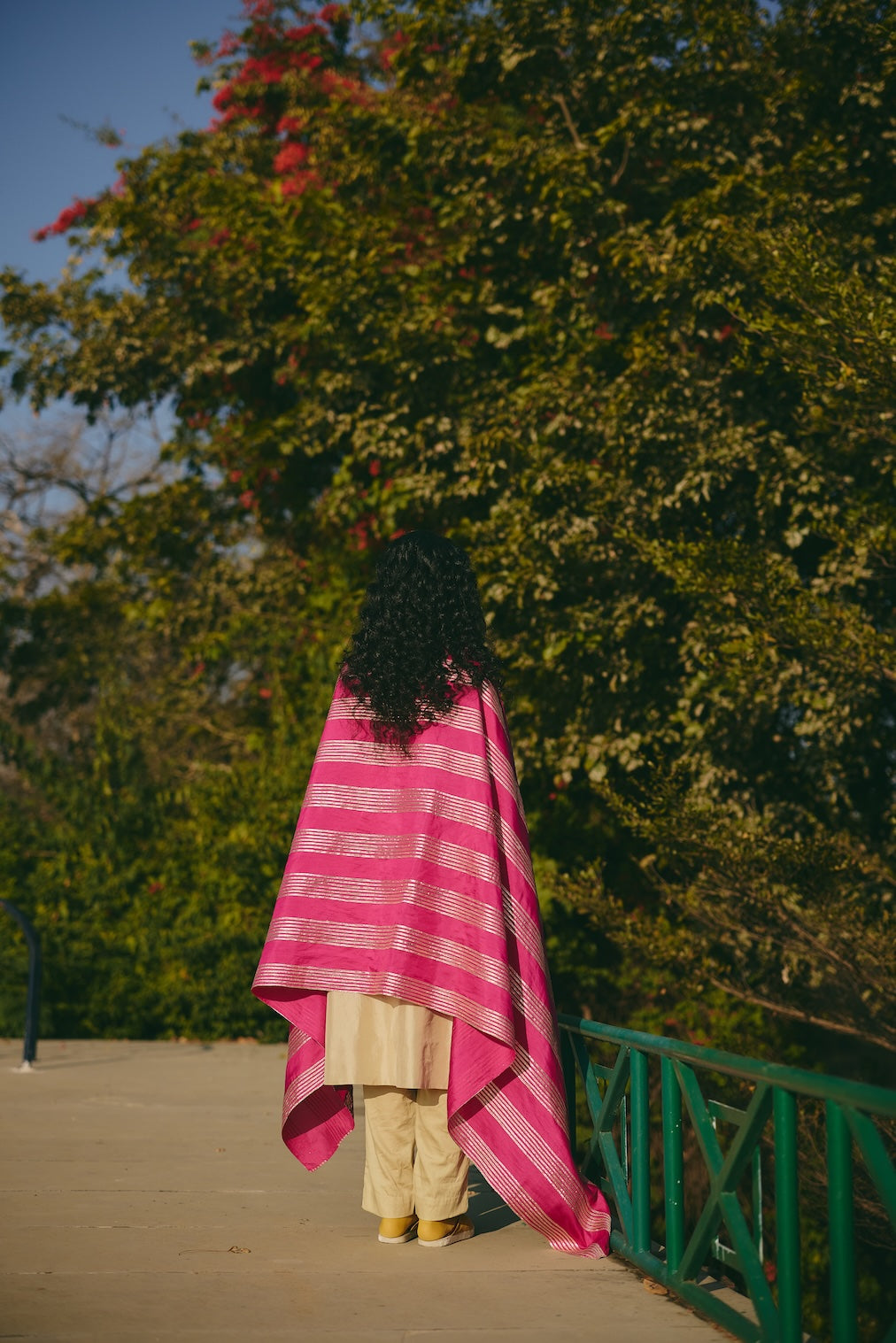 MISHTI pink silk dupatta with nature motifs by Rashika Mittal - styled look
