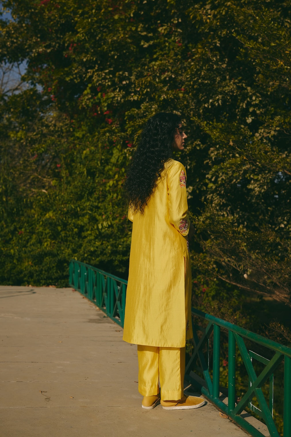 ZUHRA & REHA yellow chanderi kurta set with floral motifs by Rashika Mittal - back view