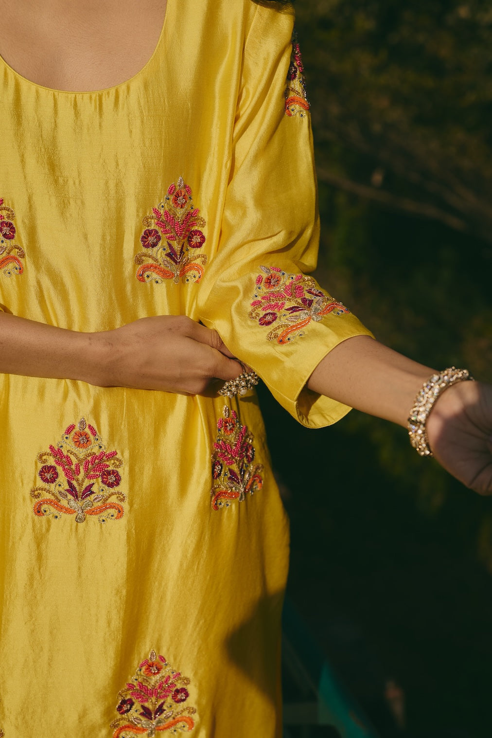 ZUHRA & REHA yellow chanderi kurta set with floral motifs by Rashika Mittal - styled look
