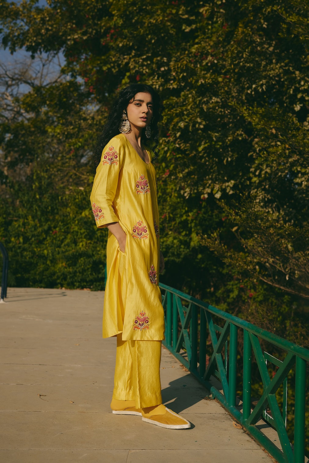 ZUHRA & REHA yellow chanderi kurta set with floral motifs by Rashika Mittal - close-up detail