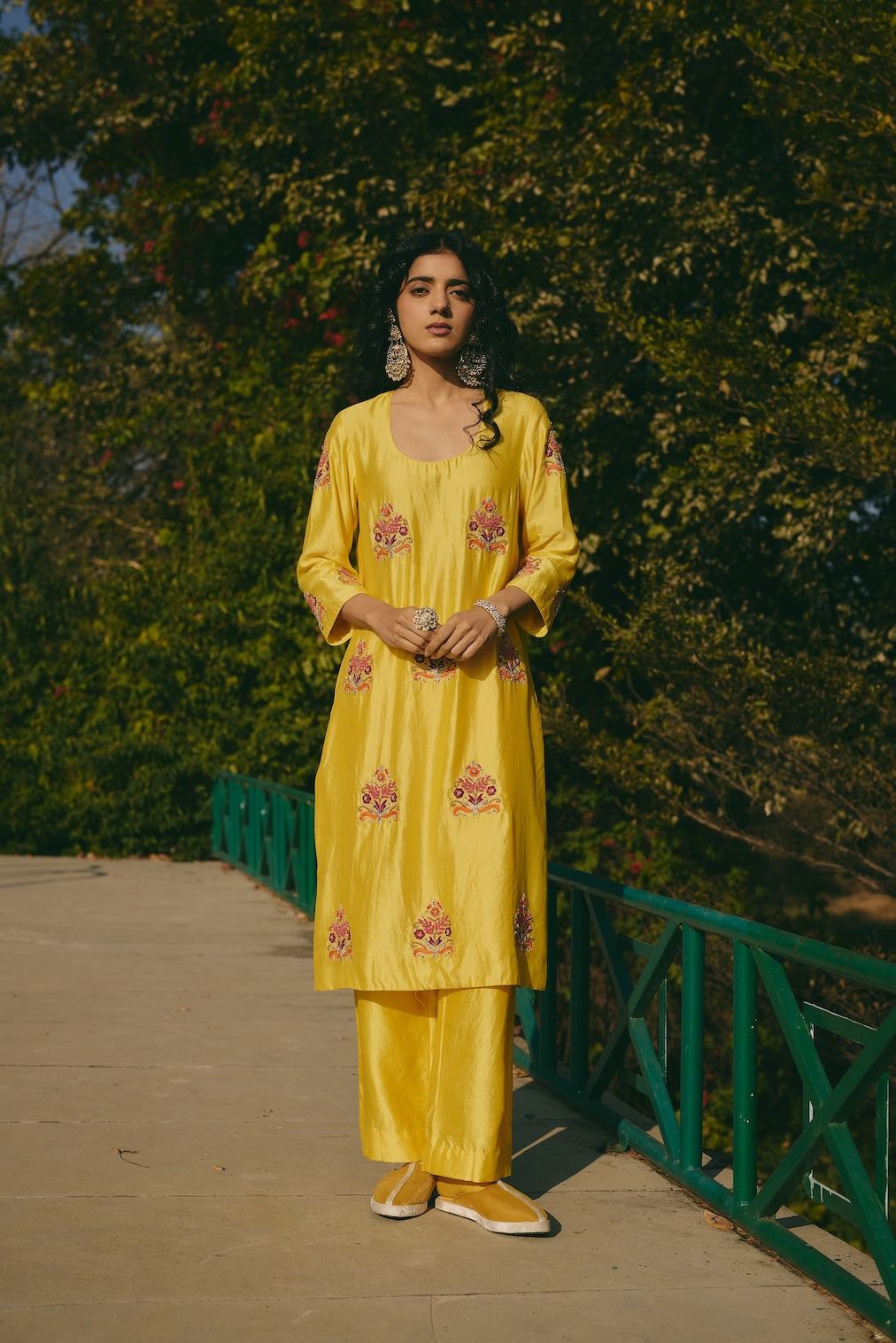 ZUHRA & REHA yellow chanderi kurta set with floral motifs by Rashika Mittal - front view