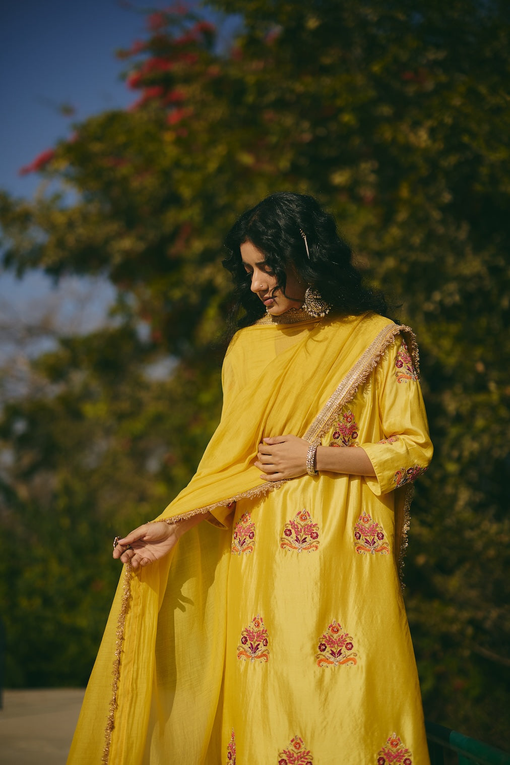 NUREEN yellow chanderi dupatta with nature motifs by Rashika Mittal - styled look