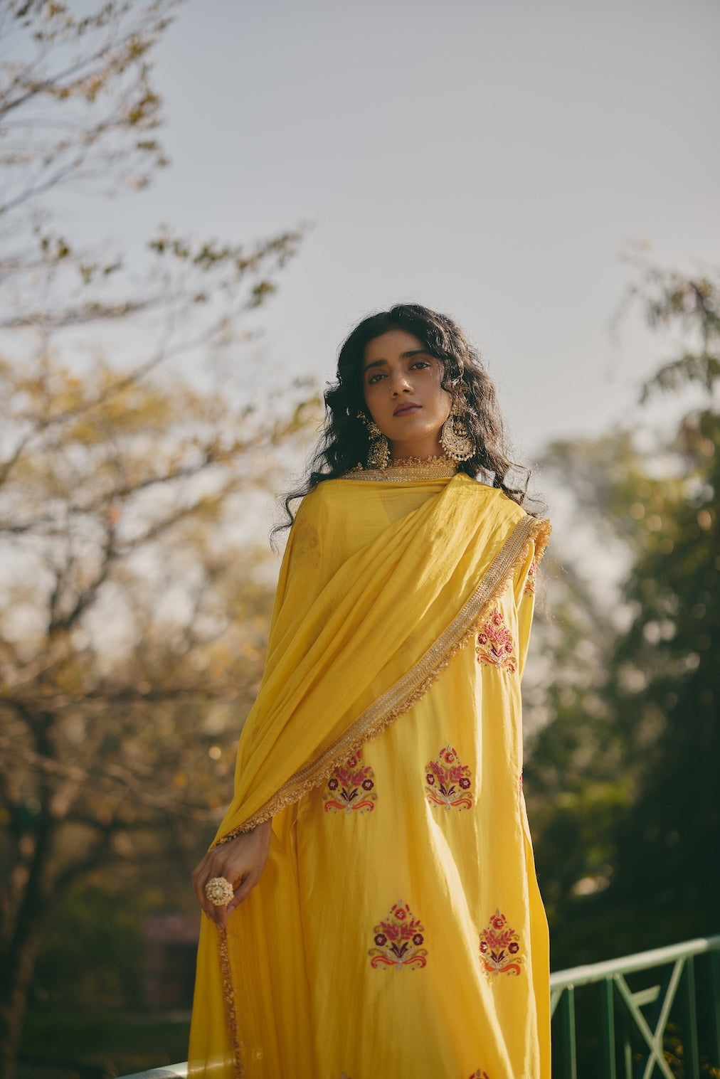NUREEN yellow chanderi dupatta with nature motifs by Rashika Mittal - close-up detail