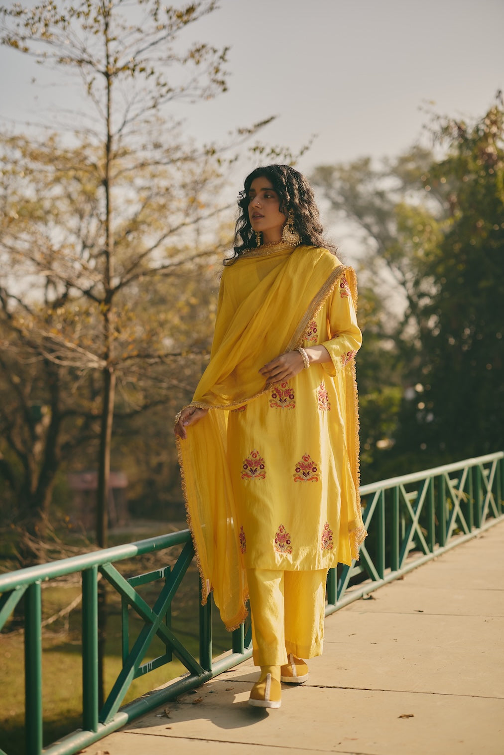NUREEN yellow chanderi dupatta with nature motifs by Rashika Mittal - front view