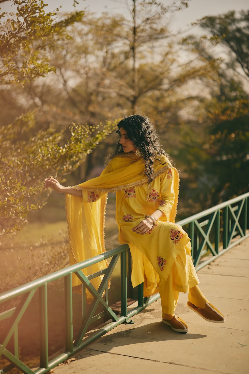 NUREEN yellow chanderi dupatta with nature motifs by Rashika Mittal - back view