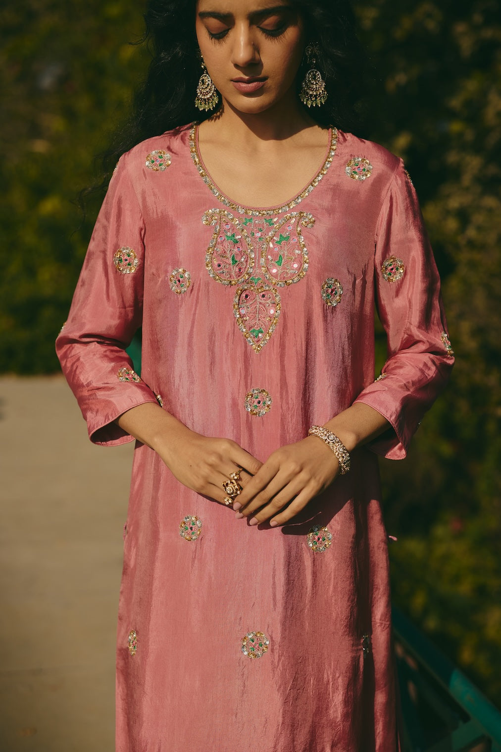 SAHER & NAAZLI rose silk kurta set with circular motifs by Rashika Mittal - back view