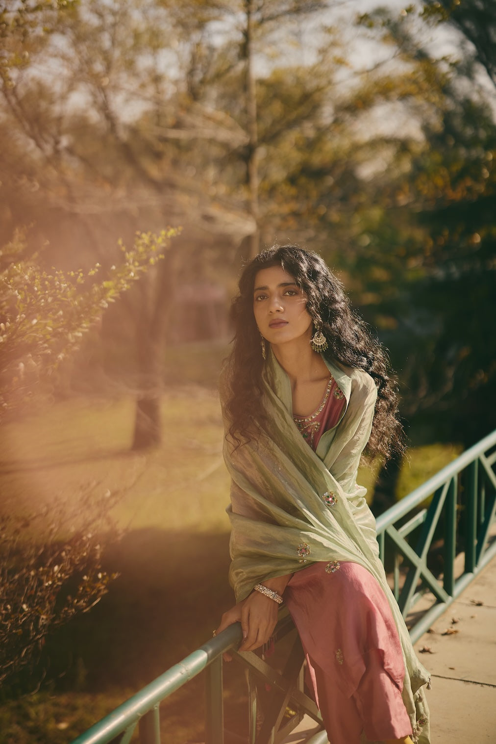 MIRAAL sage tissue dupatta with circular motifs by Rashika Mittal - back view