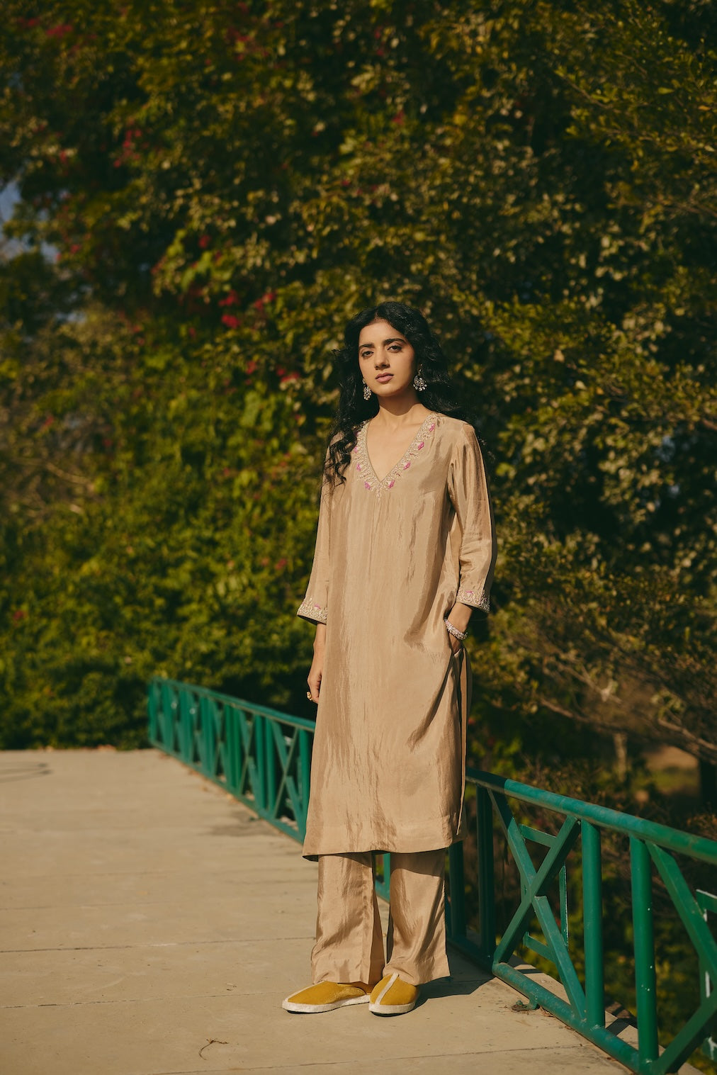 DARYA & KEYA champagne silk kurta set with floral motifs by Rashika Mittal - close-up detail