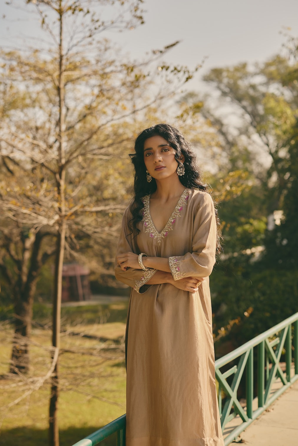 DARYA & KEYA champagne silk kurta set with floral motifs by Rashika Mittal - fabric detail