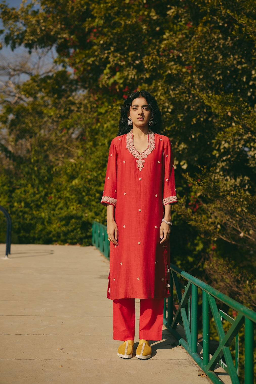 FARIHA & NAZEERA red chanderi kurta set with floral motifs by Rashika Mittal - front view