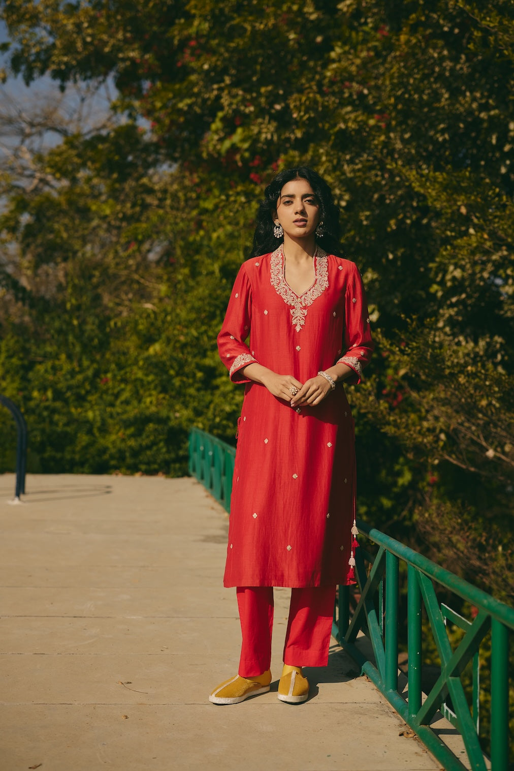 FARIHA & NAZEERA red chanderi kurta set with floral motifs by Rashika Mittal - back view