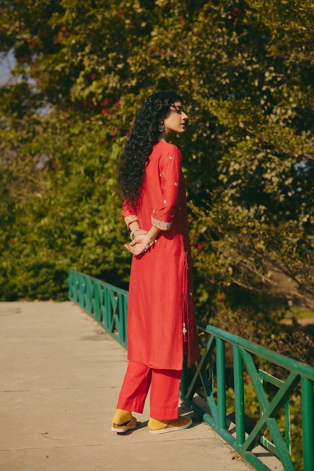 FARIHA & NAZEERA red chanderi kurta set with floral motifs by Rashika Mittal - styled look