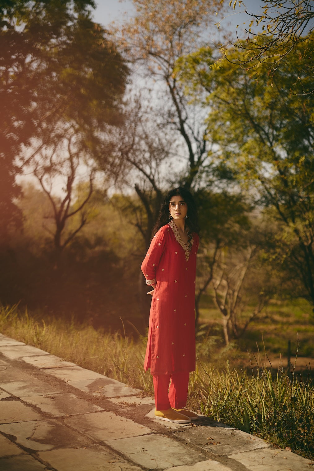 FARIHA & NAZEERA red chanderi kurta set with floral motifs by Rashika Mittal - fabric detail