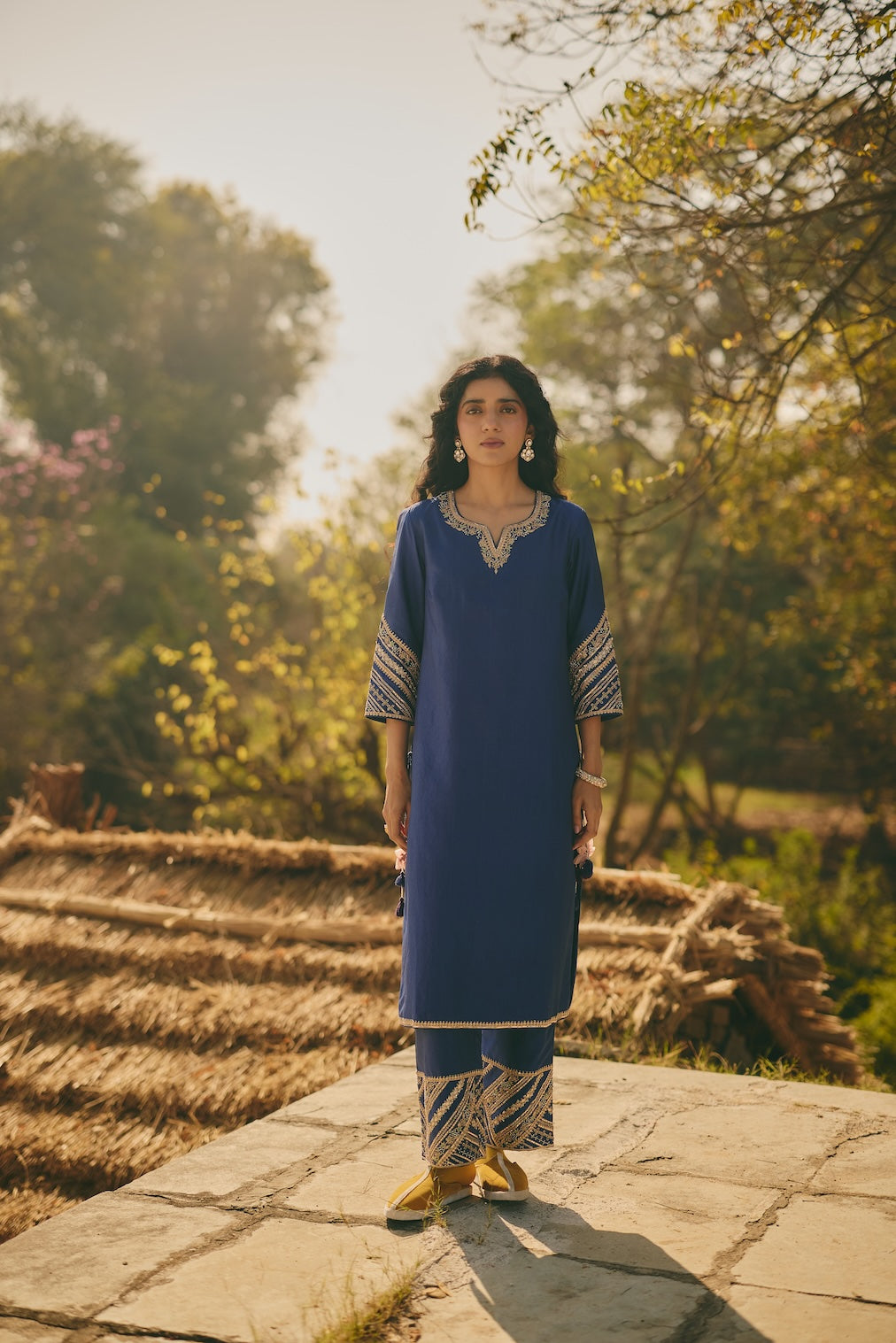 AMEERA & HOORAIN blue silk kurta set with floral motifs by Rashika Mittal - front view