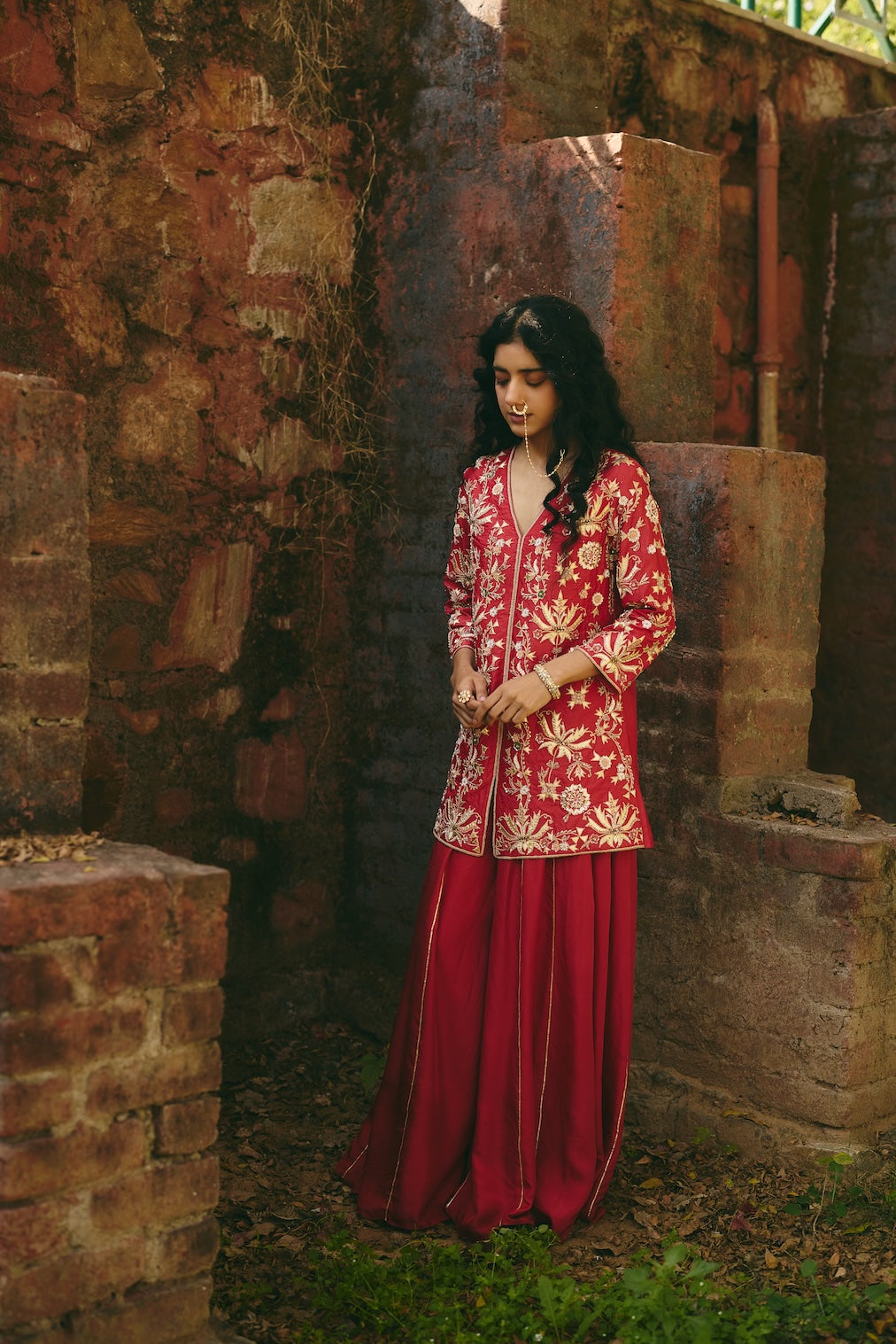 LAALSA & RAVAYA red silk sharara set with floral motifs by Rashika Mittal - full silhouette