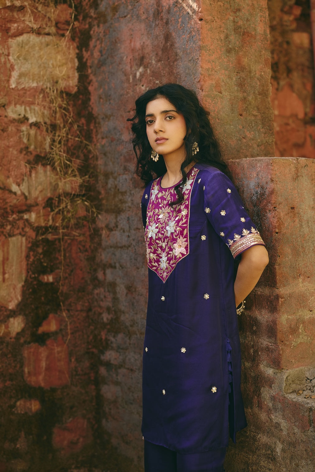 TARA & PARI navy satin kurta set with floral motifs by Rashika Mittal - fabric detail