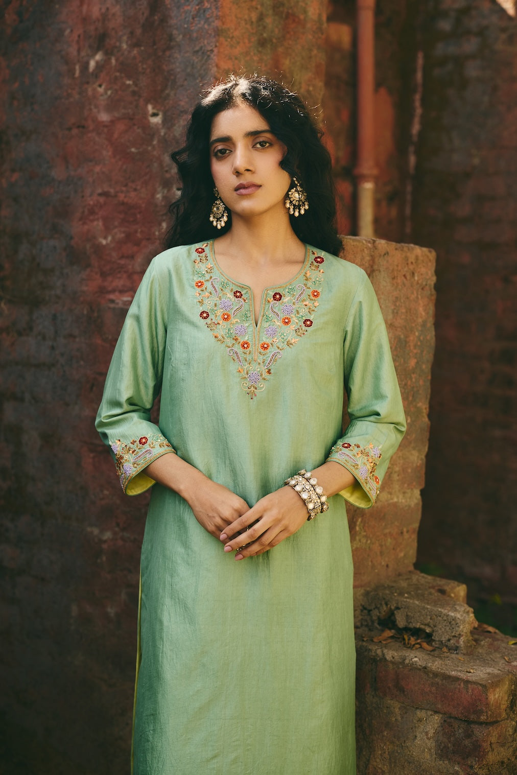 SAHIRA & FIZZA pistachio silk kurta set with floral motifs by Rashika Mittal - styled look