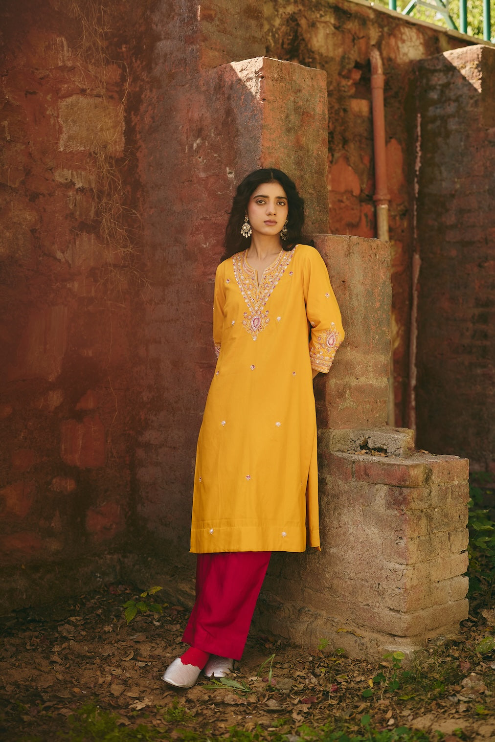 SANA & RIA mustard satin kurta set with floral motifs by Rashika Mittal - close-up detail