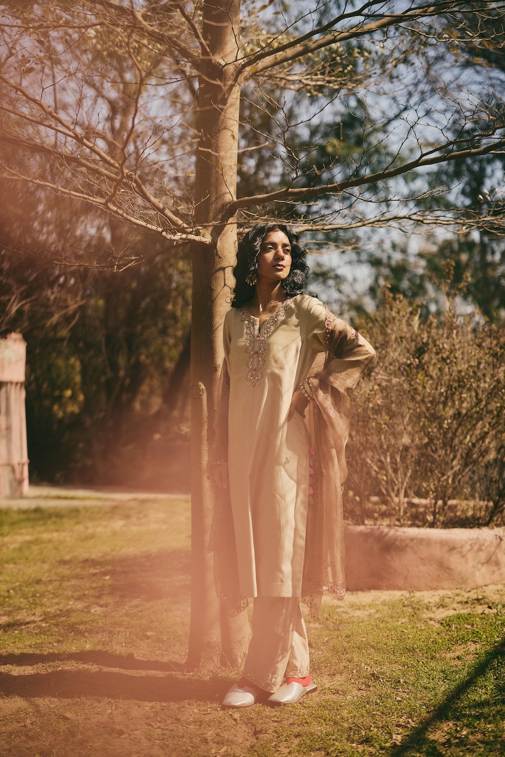 AMOLI champagne organza dupatta with floral motifs by Rashika Mittal - close-up detail