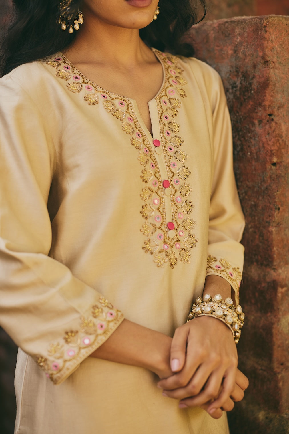OSHANI & VRITIKA champagne chanderi kurta set with botanical motifs by Rashika Mittal - back view