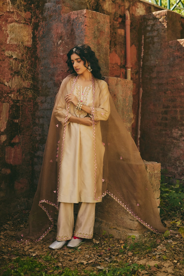 AMOLI champagne organza dupatta with floral motifs by Rashika Mittal - front view