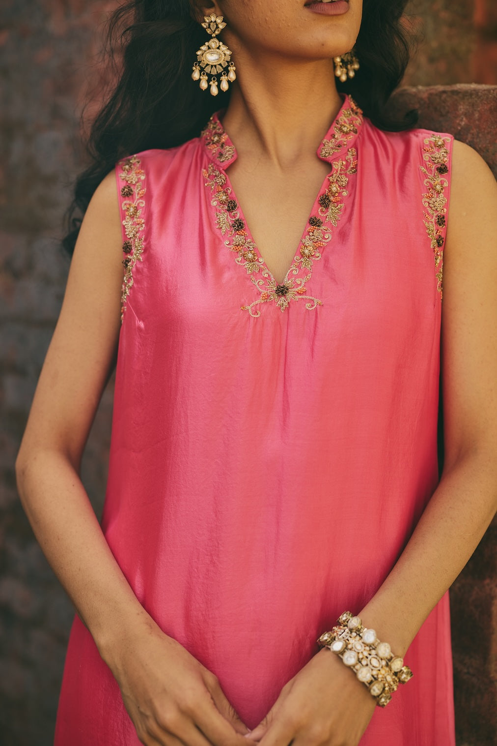 NOORPARI & SURKH rose silk kurta set with floral motifs by Rashika Mittal - styled look