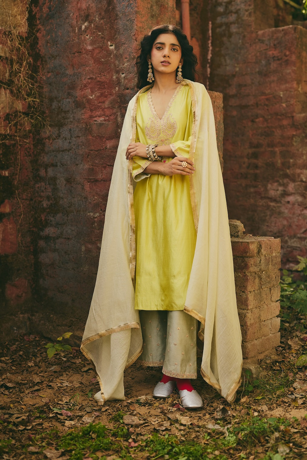 SUFRA & NAYAB sage silk kurta set with paisley motifs by Rashika Mittal - fabric detail