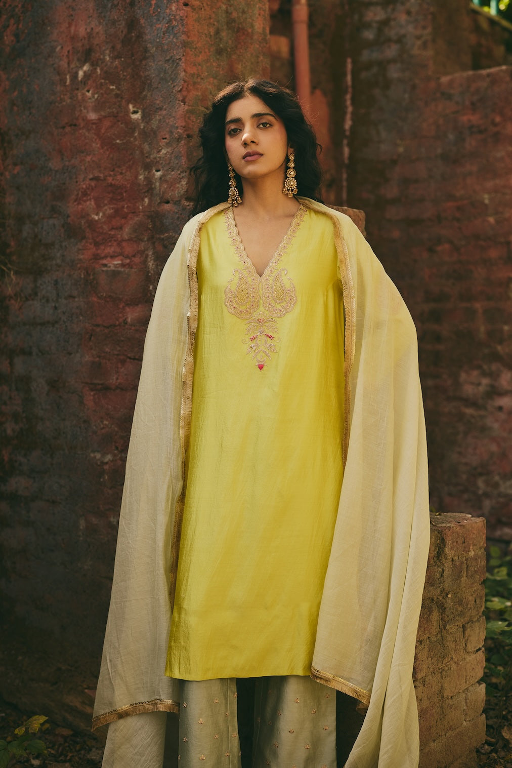 ZARVEEN sage chanderi dupatta with nature motifs by Rashika Mittal - close-up detail