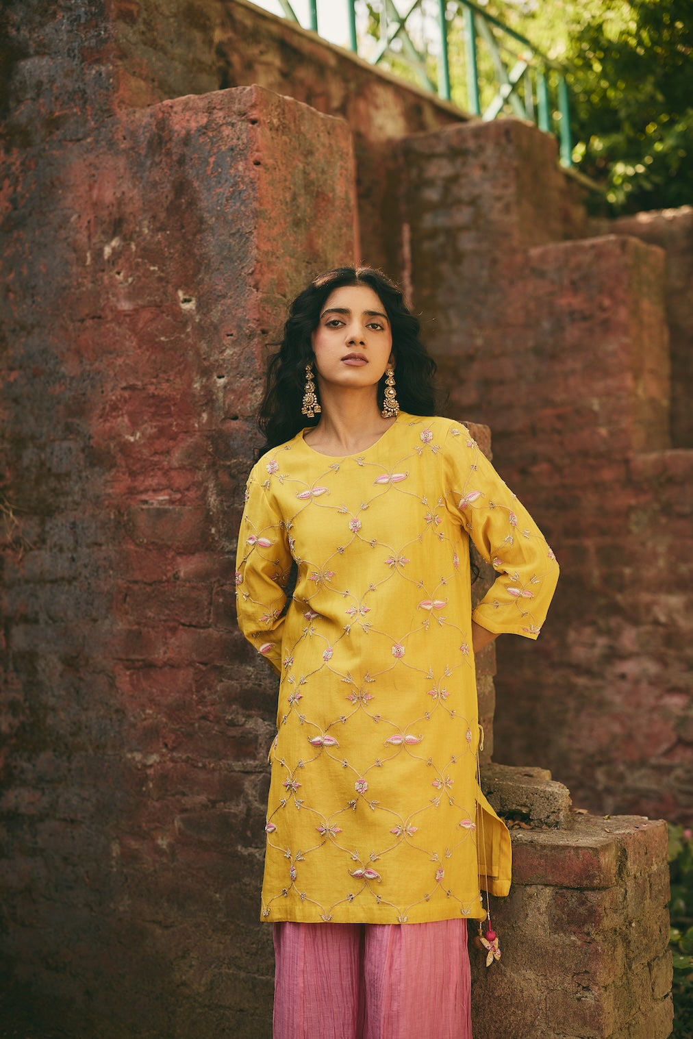 ROSHNI & NAZREEN mustard chanderi sharara set with trellis motifs by Rashika Mittal - close-up detail