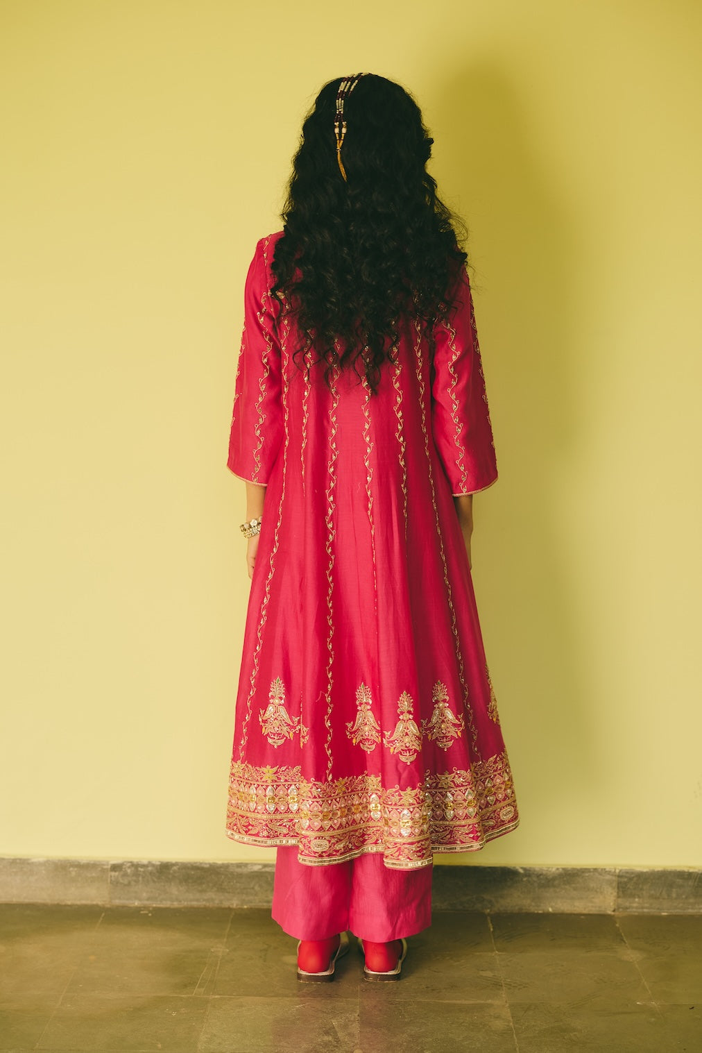 FEROZAAN & GULRAAZ fuchsia chanderi anarkali with vine motifs by Rashika Mittal - back view