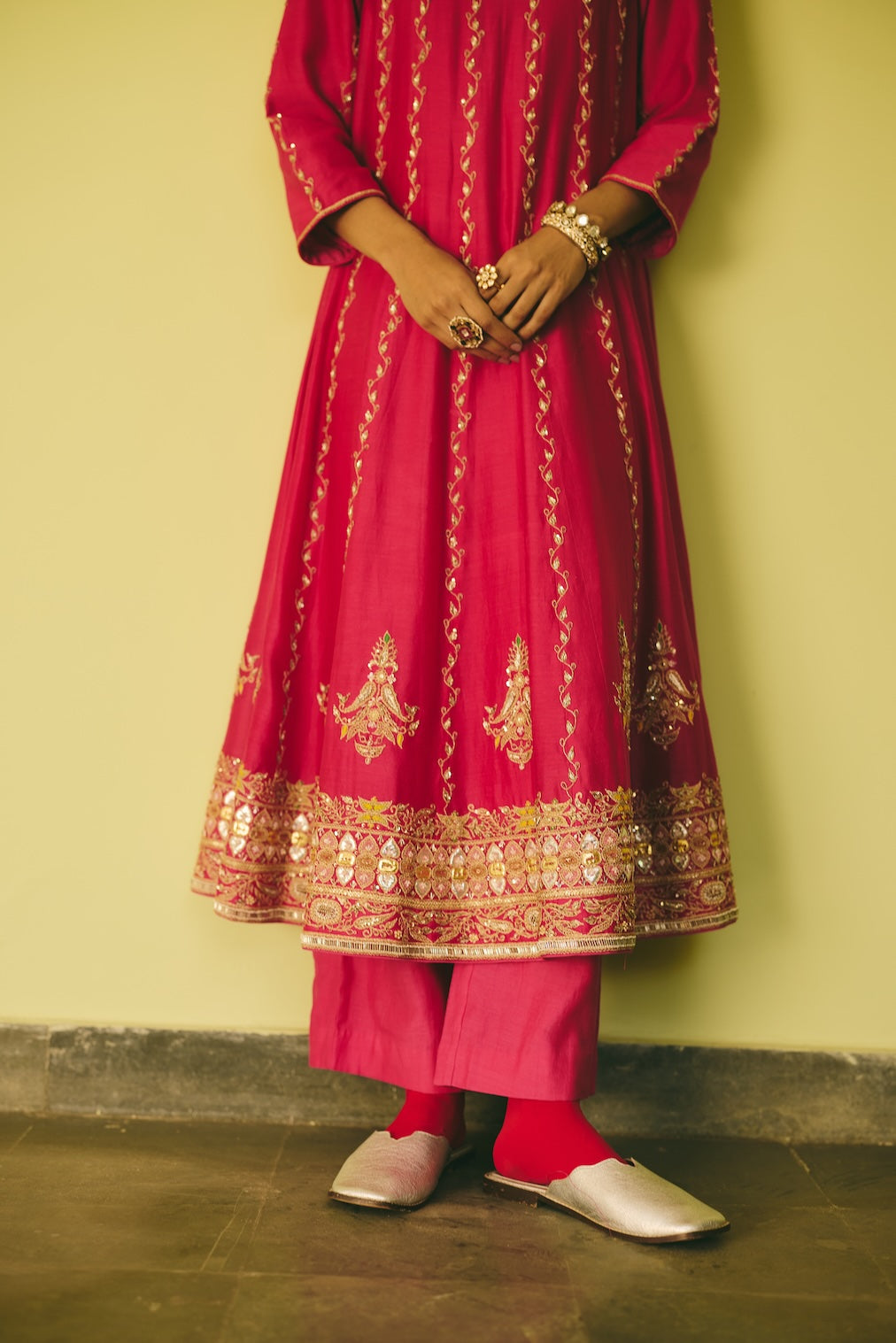 FEROZAAN & GULRAAZ fuchsia chanderi anarkali with vine motifs by Rashika Mittal - fabric detail