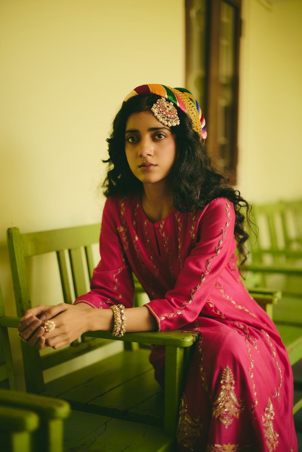 FEROZAAN & GULRAAZ fuchsia chanderi anarkali with vine motifs by Rashika Mittal - full silhouette