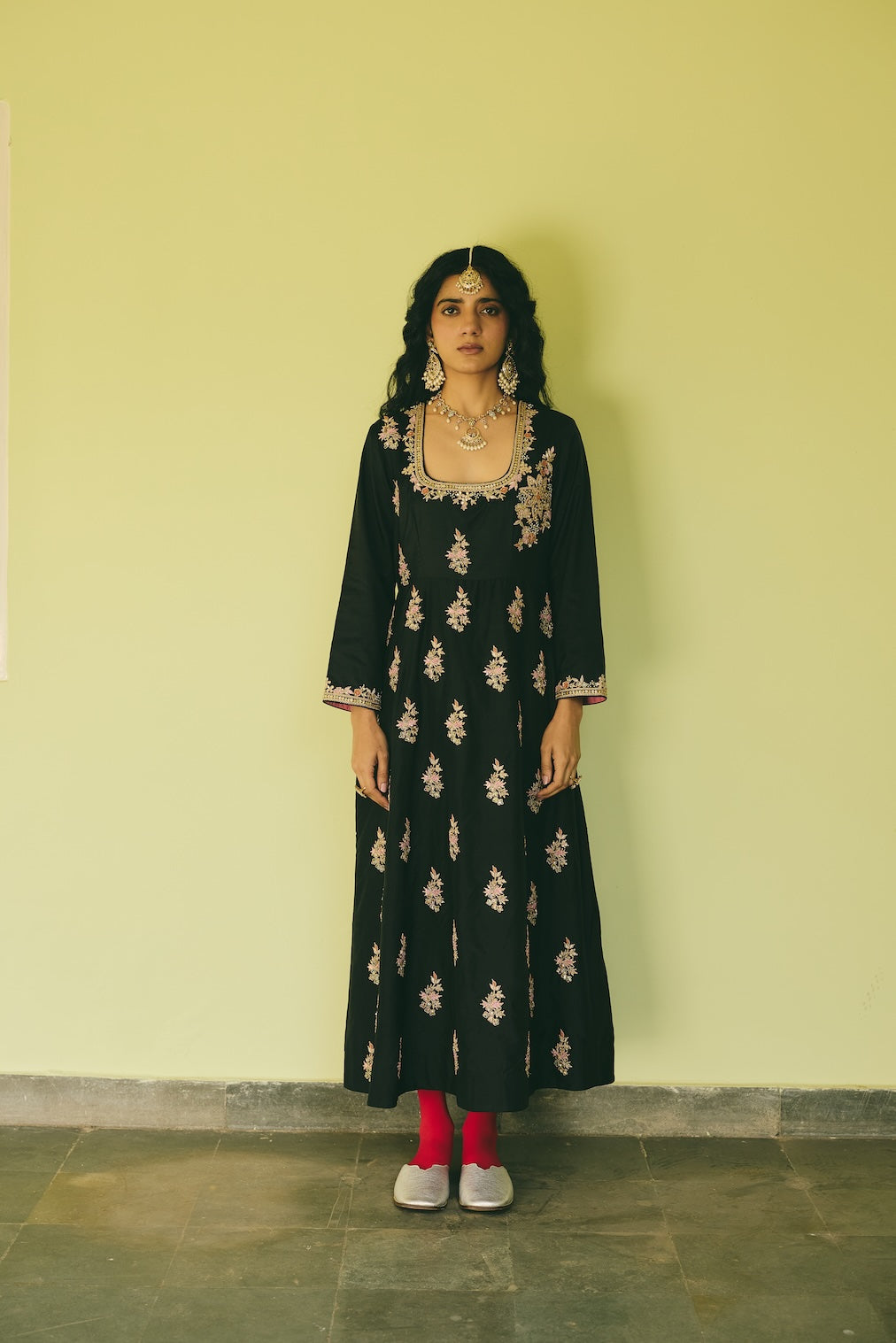 RAFIA black silk anarkali with floral motifs by Rashika Mittal - front view