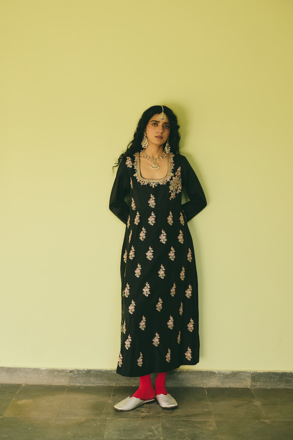 RAFIA black silk anarkali with floral motifs by Rashika Mittal - fabric detail