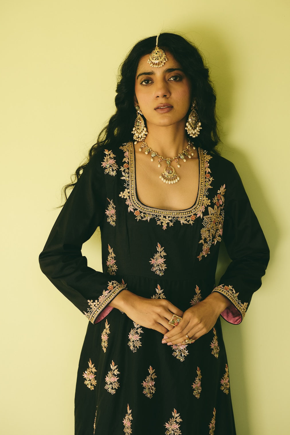RAFIA black silk anarkali with floral motifs by Rashika Mittal - full silhouette