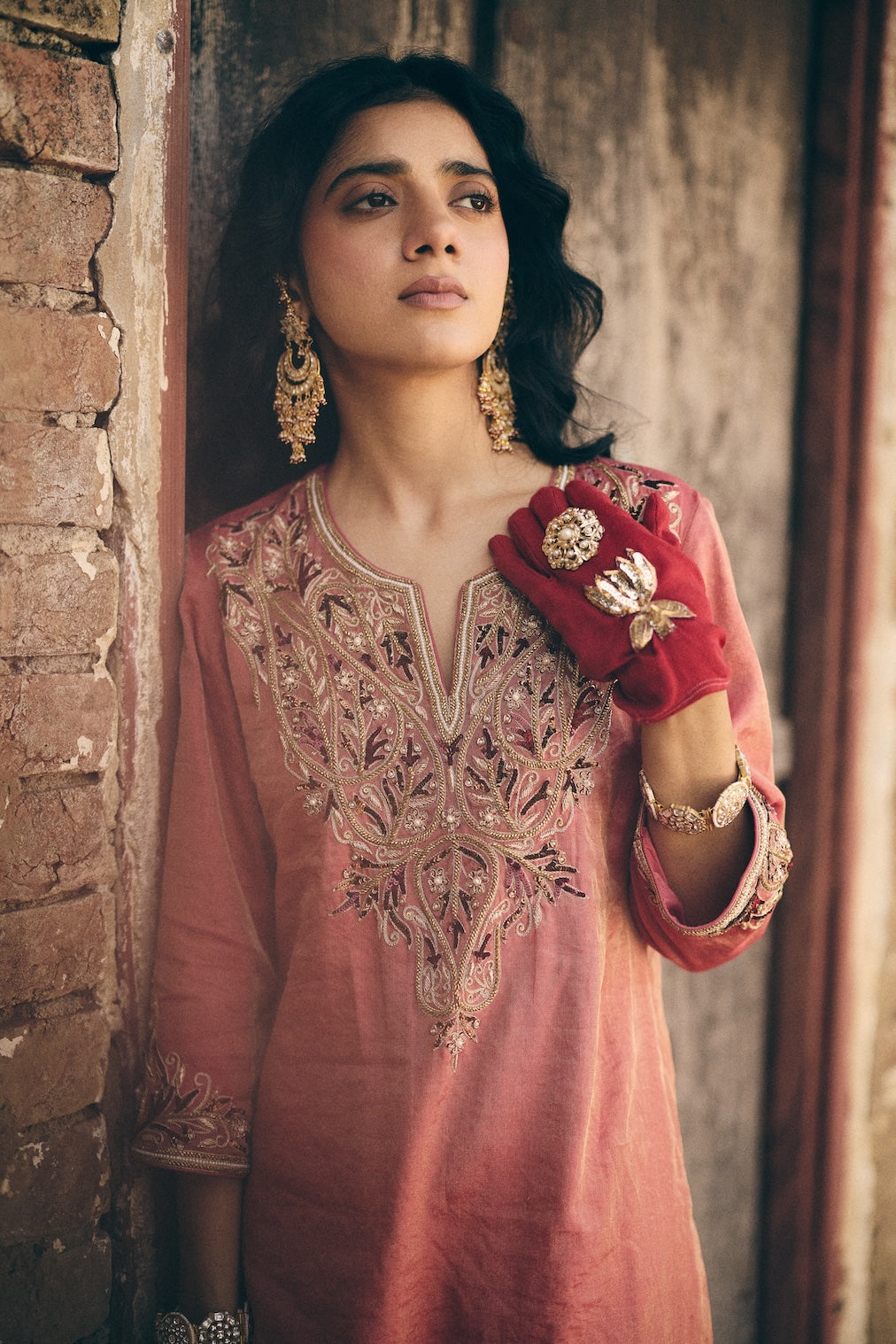 ARUNA & KAVYA coral tissue kurta set with botanical motifs by Rashika Mittal - full silhouette