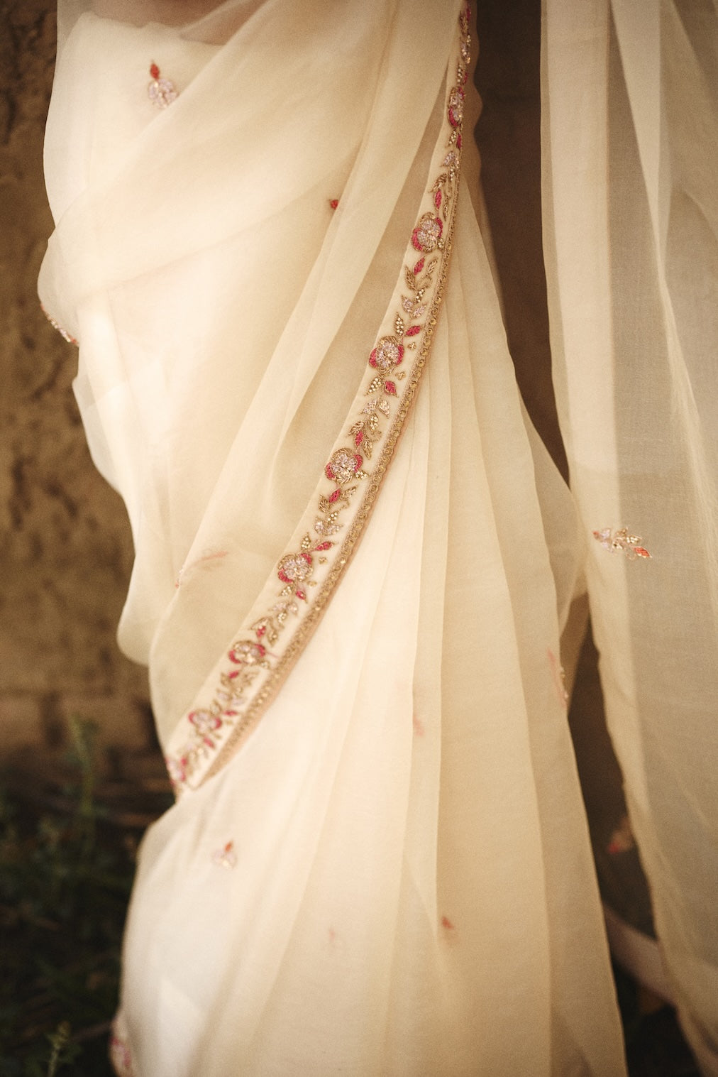 SHANVI ivory organza saree with nature motifs by Rashika Mittal - styled look