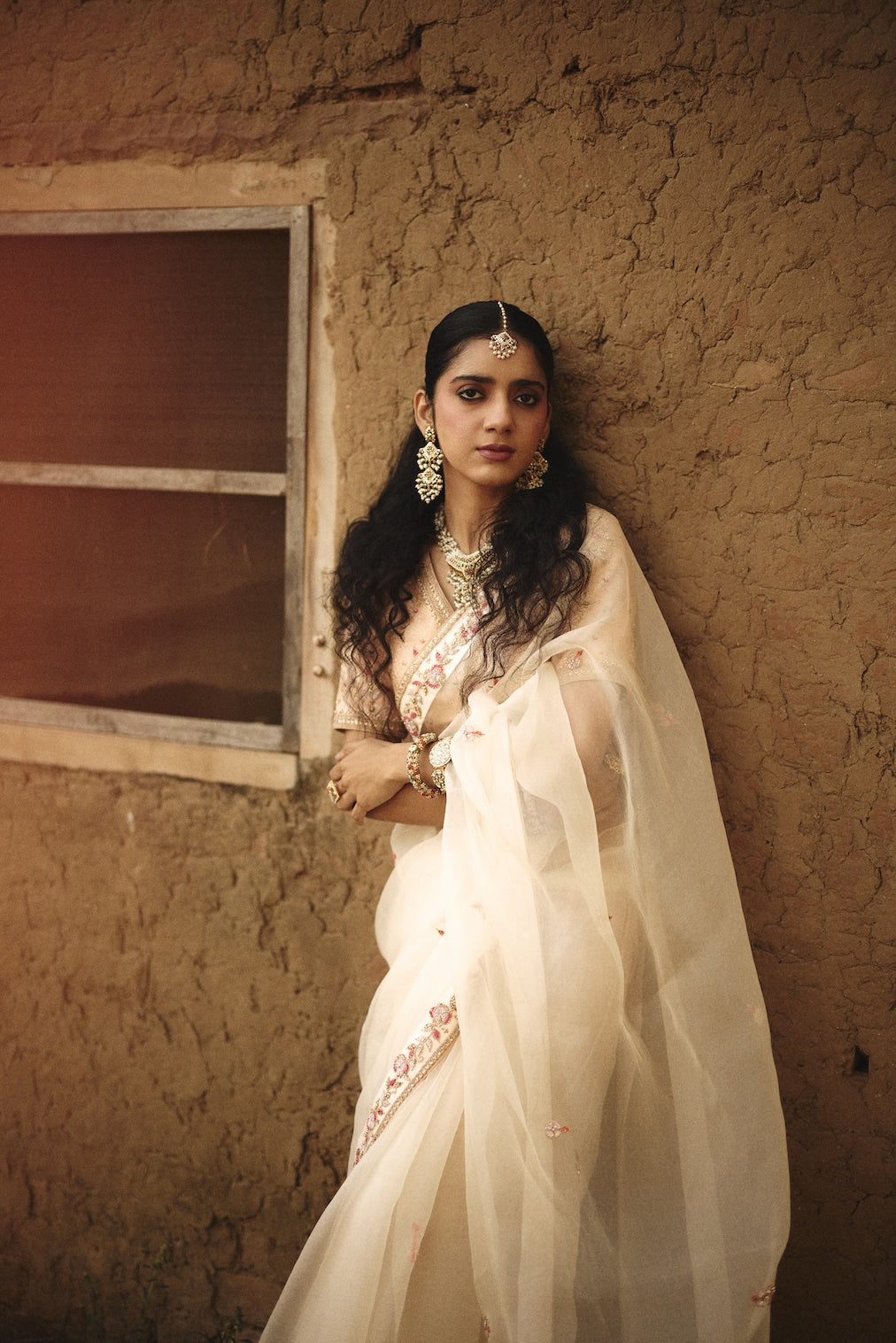 SHANVI ivory organza saree with nature motifs by Rashika Mittal - back view