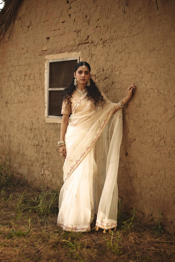 SHANVI ivory organza saree with nature motifs by Rashika Mittal - front view
