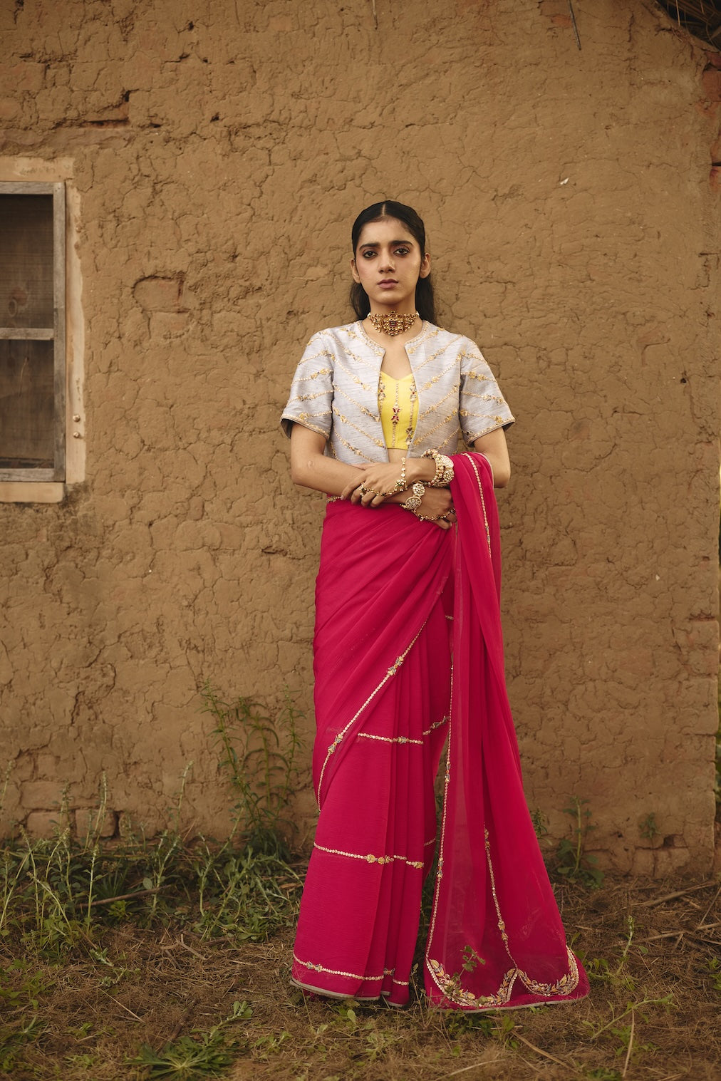 TEYA fuchsia chiffon saree with nature motifs by Rashika Mittal - front view