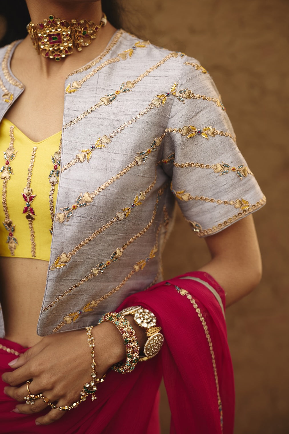 VEDA & TISHYA yellow silk saree with floral motifs by Rashika Mittal - close-up detail