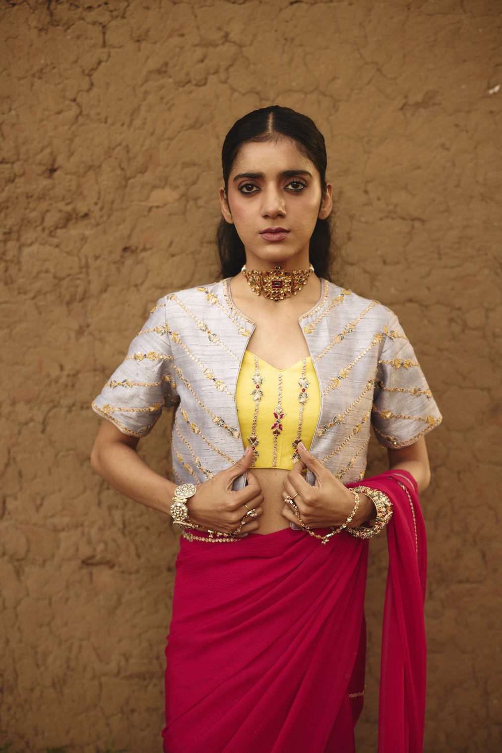 VEDA & TISHYA yellow silk saree with floral motifs by Rashika Mittal - front view