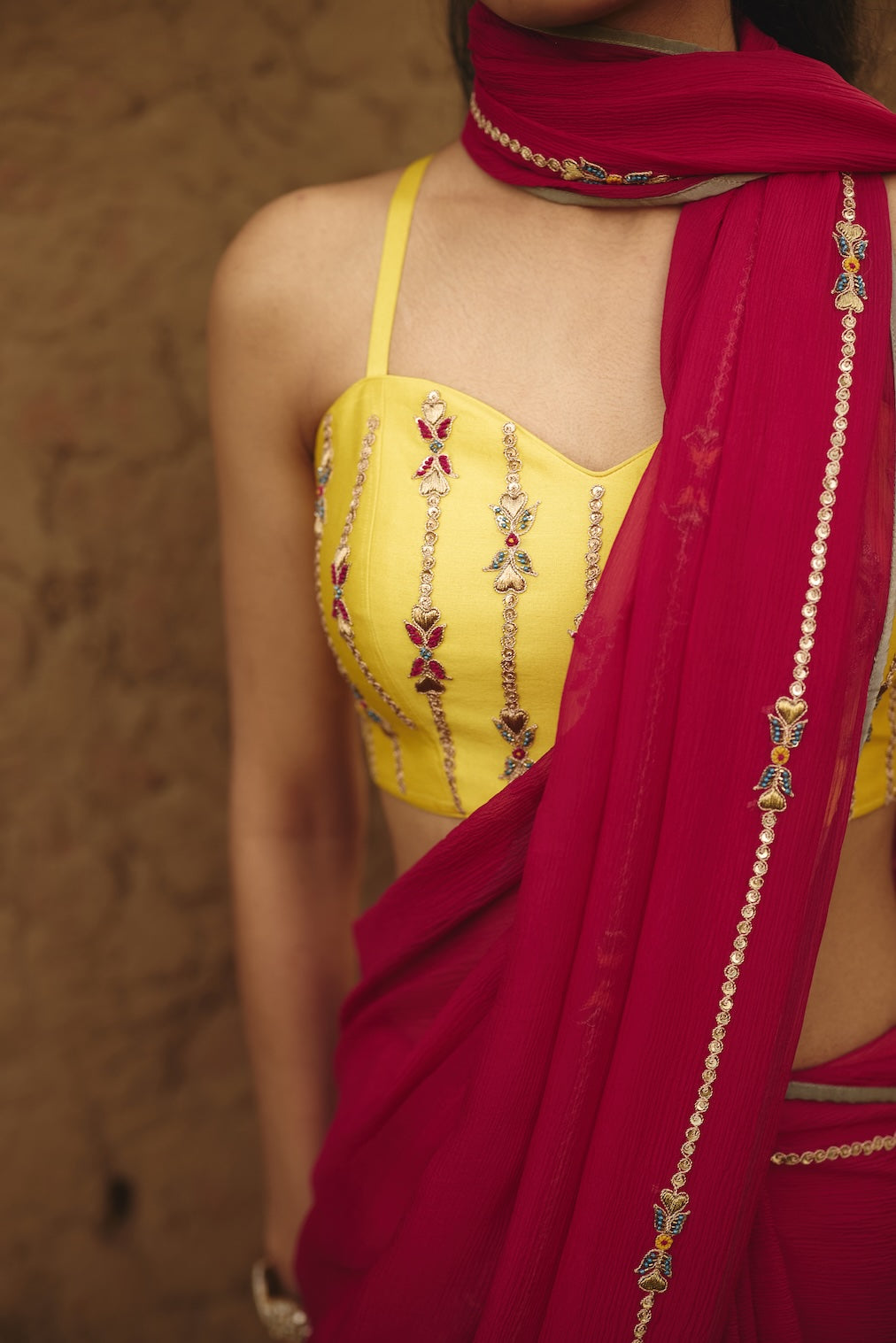 VEDA & TISHYA yellow silk saree with floral motifs by Rashika Mittal - back view